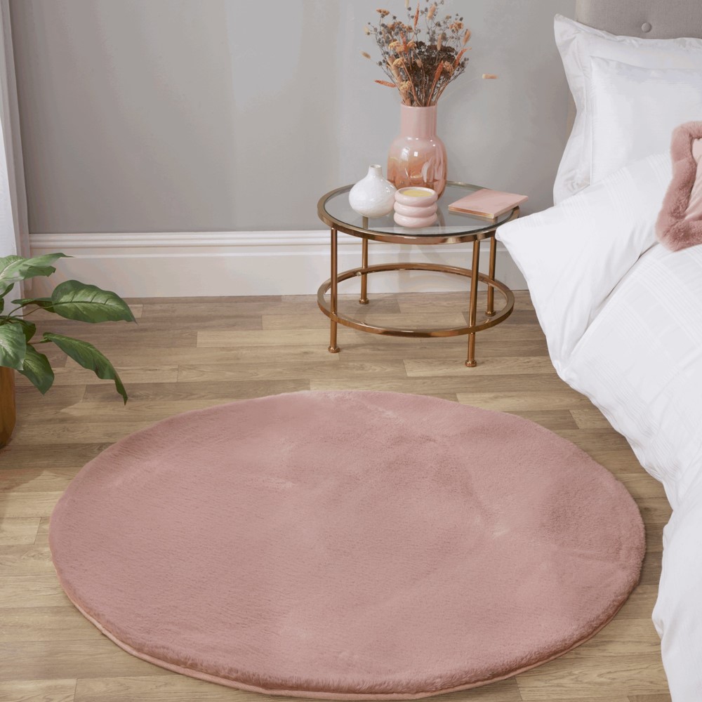 Luxe Faux Fur Modern Plain Circle Rug in Blush Pink